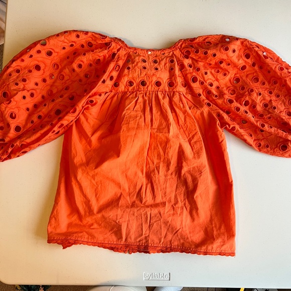 Anthropologie Vibrant Orange Puff Sleeve Eyelet Blouse Top Size XS - Picture 8 of 10